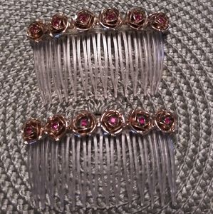 Pair of Haircombs w Gold Roses & Red Rhinestones